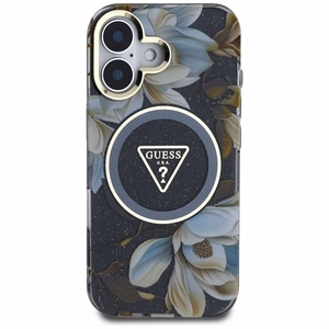 Guess suojakuori iPhone 16:lle MagSafe-tuella GUHMP16SHFLPEDK (IML Metal Glitter Flowers Triangle) - musta
