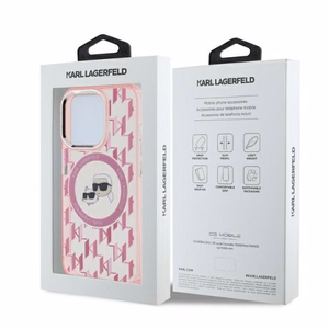 Karl Lagerfeld IML Monogram Karl & Choupette Head MagSafe Suojakuori iPhone 15 Pro:lle - Vaaleanpunainen