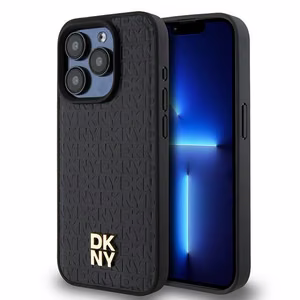 DKNY Nahkainen Monogrammi-kuvio Metallinen Logo MagSafe Suojakuori iPhone 15 Pro:lle - musta