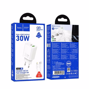 Puhelinlaturi Hoco USB-A + USB-C QC3.0 PD 3A 30W + USB-C - Lightning -kaapeli N63 valkoinen