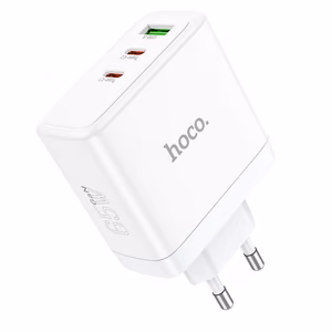 Laturi Hoco 2 x USB-C + USB-A GaN QC PD 65W N30 valkoinen