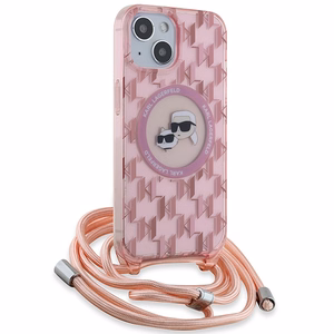 Karl Lagerfeld IML Crossbody Monogram Karl & Choupette Head MagSafe Suojakuori iPhone 15 / 14 / 13:lle - vaaleanpunainen