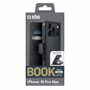 SBS Wallet Classic suojakuori mallille iPhone 18 Pro Max, lompakolla ja jalustalla – musta
