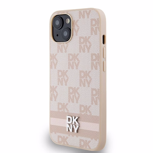DKNY Nahkainen Ruudullinen Mono-kuvio ja Painetut Raidat Suojakuori iPhone 15 / 14 / 13:lle - vaaleanpunainen