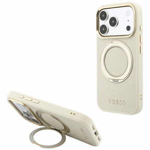 Guess Grained Classic Logo -suojakuori laitteelle iPhone 18 Pro / 17 Pro, 360° rengastuella, MagSafe-yhteensopiva – beige