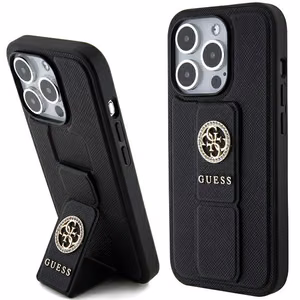 Guess Grip Stand 4G Saffiano Strass Suojakuori iPhone 15 Pro Maxille - musta