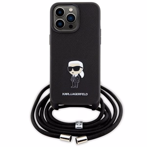 Karl Lagerfeld Crossbody Saffiano Monogram Metal Pin Karl & Choupette Case for iPhone 15 Pro Max - Black