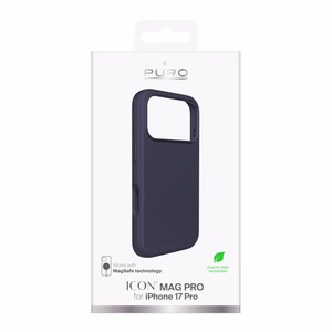 Puro Icon Mag Pro nestesilikoninen Suojakuori iPhone 17 Pro:lle, MagSafe -yhteensopiva, kamerasuojauksella ja alumiinipainikkeilla - tummansininen