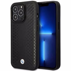 BMW BMHMP14L22RFGK musta nahkainen timanttikuvioinen suojakuori iPhone 14 Pro 6.1 MagSafe