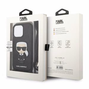 Karl Lagerfeld Leather Monogram Patch and Cord Iconik Case for iPhone 13 Pro / 13 - Black