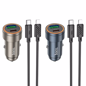 Autolaturi Hoco USB-A + USB-C QC3.0 PD 30W + USB-C - Lightning -kaapeli Z57A musta