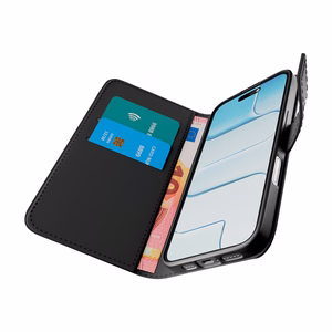 Puro Wallet Stand suojakuori iPhone 17 Pro Max:lle - ekotekonahkainen lompakko- ja jalustakuori, musta