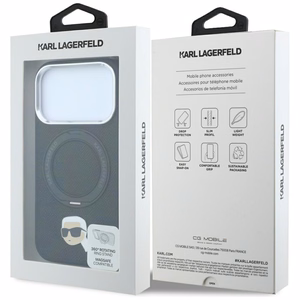 Musta Karl Lagerfeld MagSafe -kuori 360° rengasjalustalla ja Karl-pääembleemillä iPhone 18 Pro Max / 17 Pro Max -puhelimelle