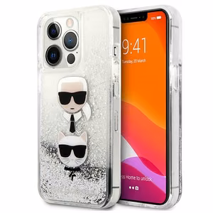 Karl Lagerfeld Nestemäinen Glitter Karl&Choupette Head kotelo iPhone 13 Pro / iPhone 13 - hopea