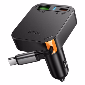 Autolaturi Hoco sisäänvedettävällä kaapelilla 2 x USB C + USB A QC PD 65W NZ18 musta