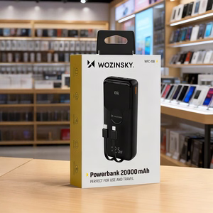 Wozinsky WFC-15B 20000mAh 22.5W varavirtalähde, PD20W, sisäänrakennetut Lightning- ja USB-C-kaapelit, musta