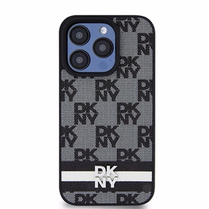 DKNY Nahkainen Ruudullinen Mono-kuvio ja Painetut Raidat Suojakuori iPhone 15 Pro Max:lle - musta