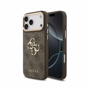 Guess PU Leather 4G Metal Logo Gold Frame -kuori Apple iPhone 18 Pro Max -puhelimelle, ruskea