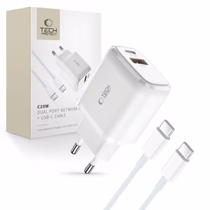 Tech-Protect C20W USB-C PD 20W / USB-A QC 3.0 laturi USB-C / USB-C kaapelilla - valkoinen