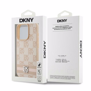DKNY Nahkainen Checkered Mono Pattern & Printed Stripes Suojakuori iPhone 15 Pro:lle - vaaleanpunainen