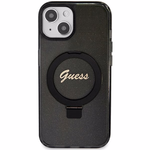 Guess Ring Stand Script Glitter MagSafe -suojakuori iPhone 14 / 15 / 13:lle - musta