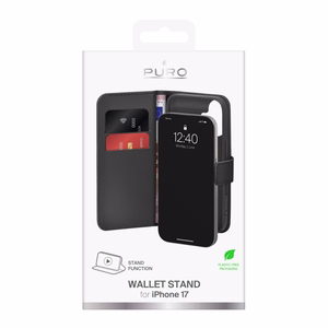 Puro Wallet Stand suojakuori iPhone 17:lle - ekotekonahkainen lompakko- ja jalustakuori, musta