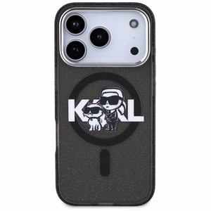 Karl Lagerfeld suojakuori Magsafe IML glitter metallisella kamerakehyksellä ja -näppäimillä Karl and Choupette sketch -logolla iPhone 17 Pro:lle musta