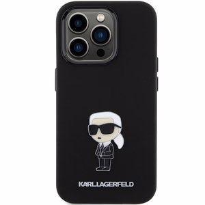 Karl Lagerfeld Silikoninen Ikonik Metal Pin Suojakuori iPhone 15 Prolle - musta
