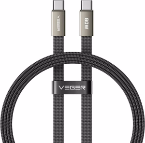Litteä kaapeli, tyyppi C – tyyppi C, VEGER PD 3A 60 W, CC06-MTB, 1,2 m, musta
