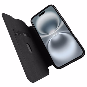 Puro Book Mag MagSafe Nahkainen Suojakuori läpällä ja korttilokerolla iPhone 16:lle - musta