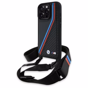 BMW M Edition Carbon Tricolor Lines & hihna suojakuori iPhone 16 Pro Max:lle - musta