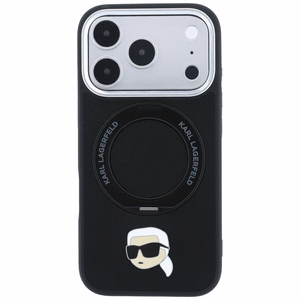 Musta Karl Lagerfeld MagSafe -kuori 360° rengasjalustalla ja Karl-pääembleemillä iPhone 18 Pro Max / 17 Pro Max -puhelimelle
