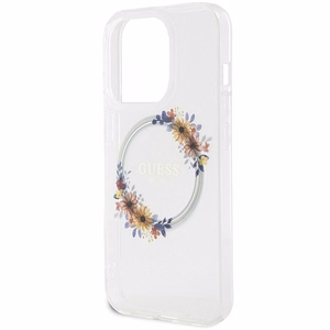 Guess Flowers Wreath MagSafe Suojakuori iPhone 15 Pro:lle - läpinäkyvä