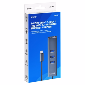 Savio AK-57 USB-C – 3x USB-A -hubi RJ-45 gigabitin Ethernet-sovittimella, 5000 Mbit/s, harmaa