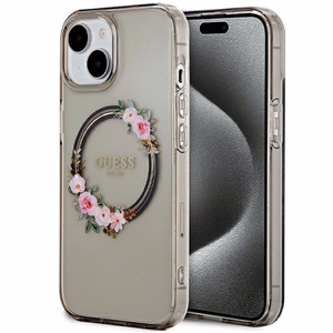 Guess IML Flowers Wreath MagSafe Suojakuori iPhone 15 / 14 / 13:lle - musta