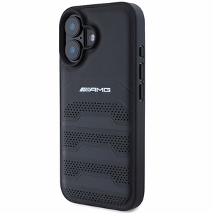AMG Leather Debossed Lines Black Logo Suojakuori iPhone 16:lle - musta