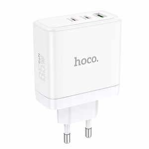 Laturi Hoco 2 x USB-C + USB-A GaN QC PD 65W N30 valkoinen