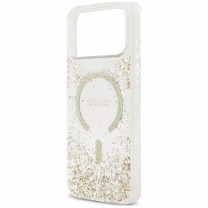 Guess Resin Bottom Glitter MagSafe suojakuori malleille iPhone 18 Pro Max / 17 Pro Max, kultainen