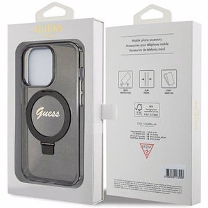 Alkuperäinen GUESS GUHMP15XHRSGSK Suojakuori iPhone 15 Pro Maxille (MagSafe-yhteensopiva / Glitter Script Logo / Ring stand / musta)