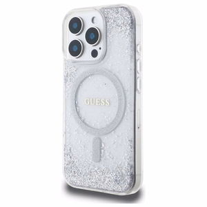GUESS Suojakuori iPhone 16 Pro:lle MagSafe-yhteensopiva GUHMP16LRGRGES (Resin Gradient Glitter) hopeinen