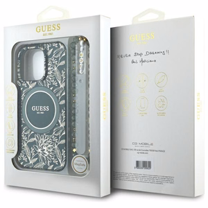 Guess IML Flowers Allover Electro With Pearl Hihna MagSafe Suojakuori iPhone 16 Pro Max:lle - vihreä