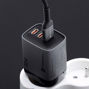 Puhelinlaturi Forcell F-Energy GaN III 2 x USB C + USB A QC4.0 3,45A PD 70W SAM SFC2.0 LCD-näytöllä VT-37 harmaa