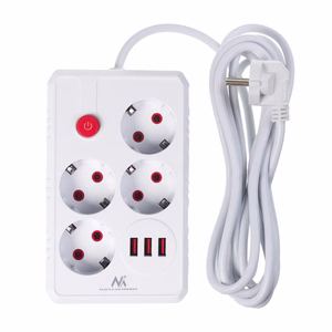 Maclean MCE393 W – jatkojohto pistorasioilla, 4 pistorasiaa + 3×USB, 110–240 V AC, 50/60 Hz, 2,1 A, enintään 2500 W, 3 m, valkoinen