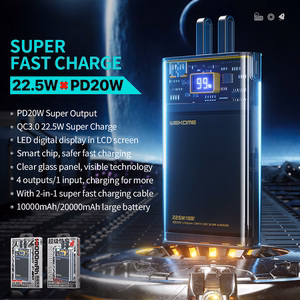 WEKOME WP-325 Vanguard Series varavirtalähde, 20000 mAh, PD 20 W + QC 22,5 W, sisäänrakennetuilla USB-C- ja Lightning-kaapeleilla, musta ja läpinäkyvä