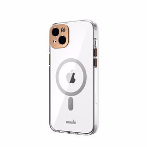 Moshi iGlaze suojakuori iPhone 14 Plus -laitteelle, MagSafe-yhteensopiva, läpinäkyvä Sunset Gold -yksityiskohdilla