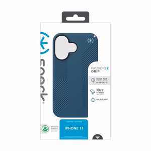 Speck Presidio2 Grip MagSafe suojakuori iPhone 17 -laitteelle, Deep Sea / Silver Metallic -värinen