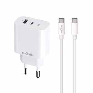 Maxlife MXTC-06-30AC PD QC laturi 1x USB-C 1x USB 30W valkoinen + USB-C - USB-C kaapeli 60W