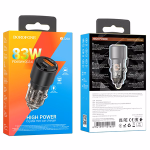 Autolaturi Borofone BZ20A Smart USB-A/USB-C QC3.0 PD 83W läpinäkyvä musta