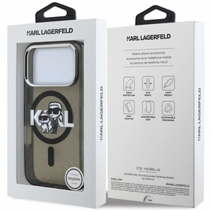 Karl Lagerfeld suojakuori Magsafe IML glitter metallisella kamerakehyksellä ja -näppäimillä Karl and Choupette sketch -logolla iPhone 17 Pro:lle musta