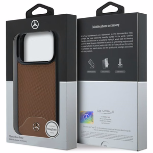 Mercedes-nahkainen MagSafe-suojakuori puuefektillä ja Curve-ominaisuudella iPhone 17 Pro -mallille, ruskea